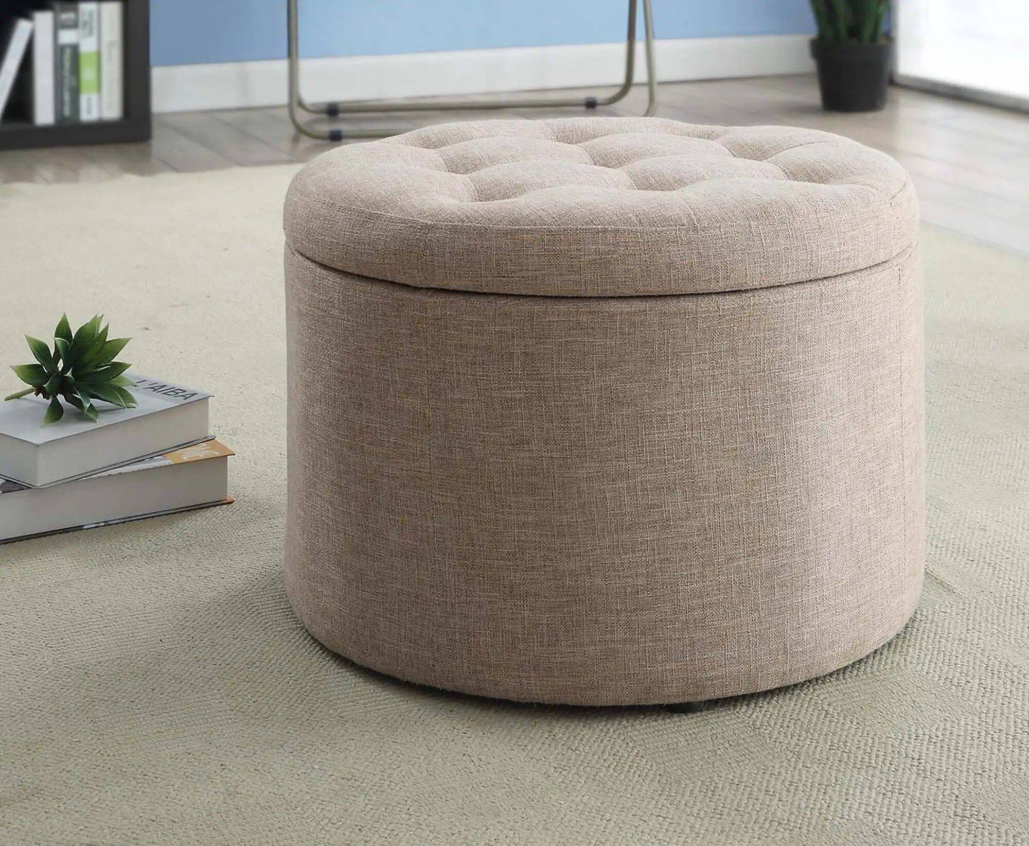 Elegant Tan Fabric Round Ottoman with Shoe Storage and Removable Lid Furniture  