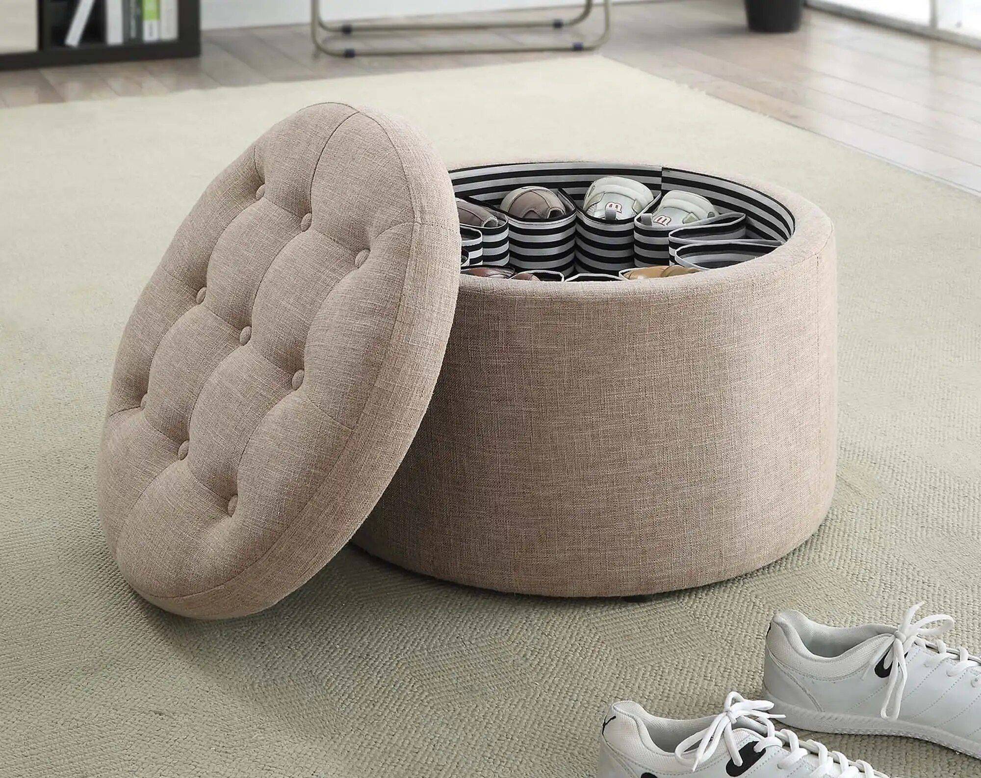 Elegant Tan Fabric Round Ottoman with Shoe Storage and Removable Lid Furniture  