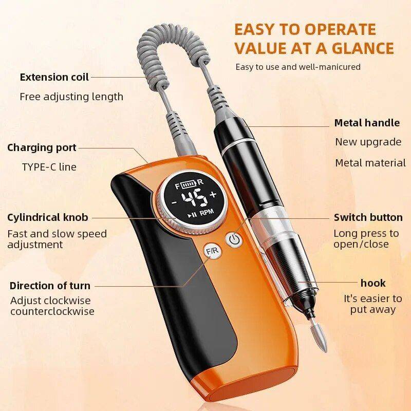 High-Speed 45000RPM Rechargeable Nail Drill Kit - Professional Cordless Manicure Set Foot, Hand & Nail Care Health & Beauty Color : Orange|Green|Purple 