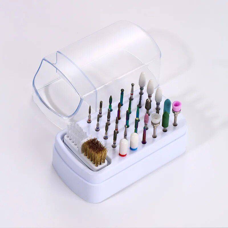 Compact 30-Hole Nail Drill Bit Organizer with Dustproof Cover and Cleaning Brush Foot, Hand & Nail Care Health & Beauty Color : White|Pink 