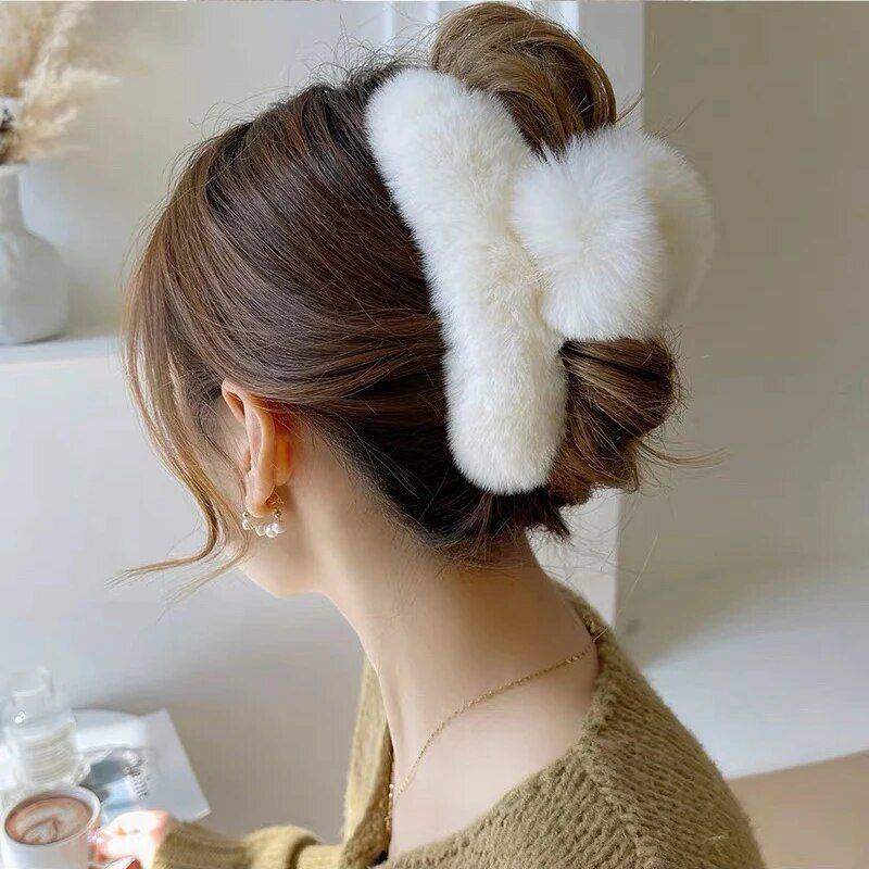 Elegant Faux Fur Winter Hair Claw – Plush Acrylic Hairpin for Women Hair Care & Styling Tools Health & Beauty Color : White|Beige|Light Beige|Green|Pink/Black/Orange|Brown|Pink|Dark Pink|Blue|Striped|Black 