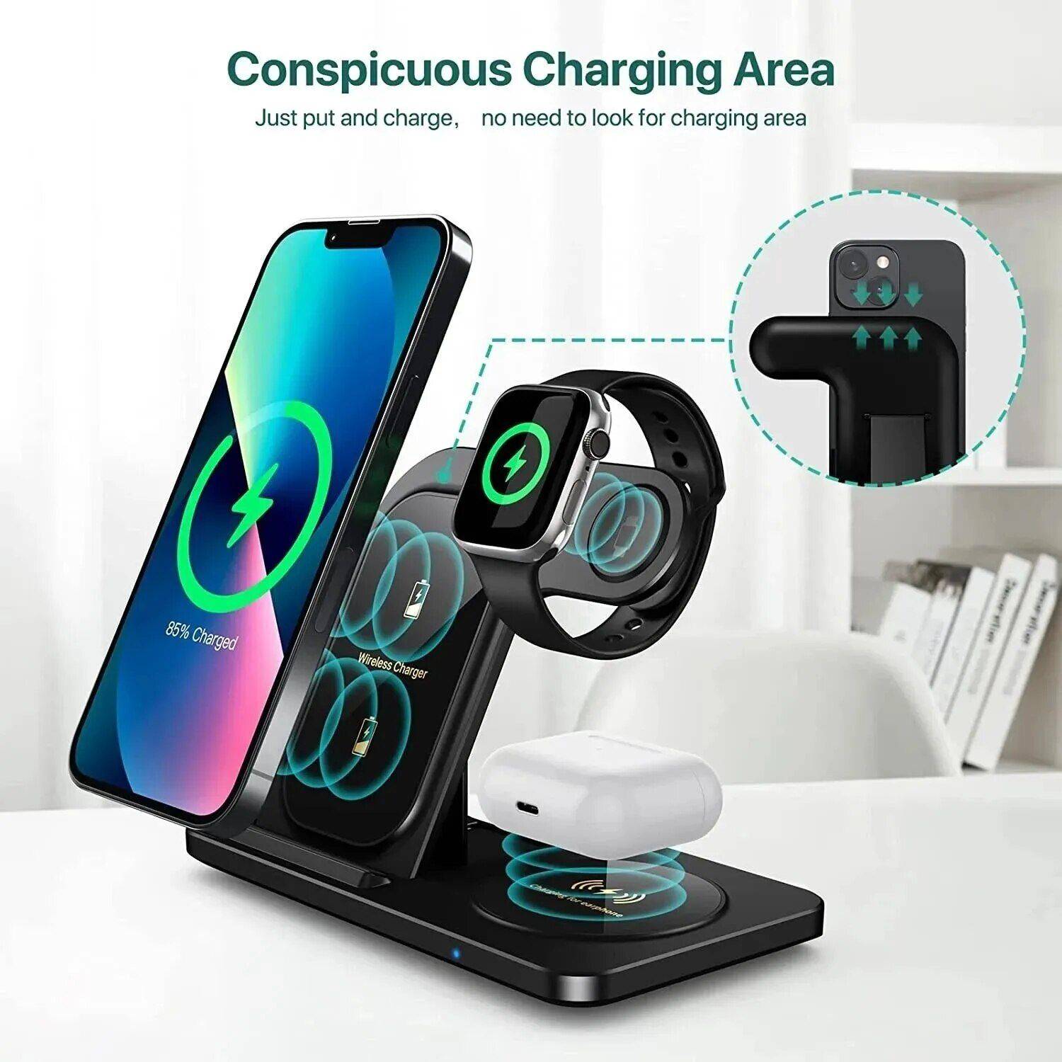 3-in-1 Foldable Fast Wireless Charging Stand for iPhone, iWatch, and AirPods Gadgets Phone Accessories Color : Black|White 