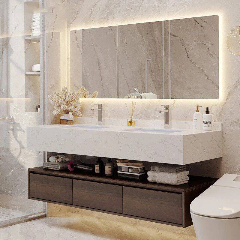 Modern Marble Surface Smart LED Bathroom Mirror Cabinet and Sink Set Bathroom  