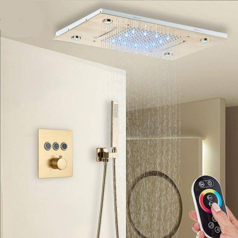 Luxury Gold Thermostatic LED Shower Set with Rainfall & Waterfall Ceiling Mount Bathroom Color : Brushed Gold 