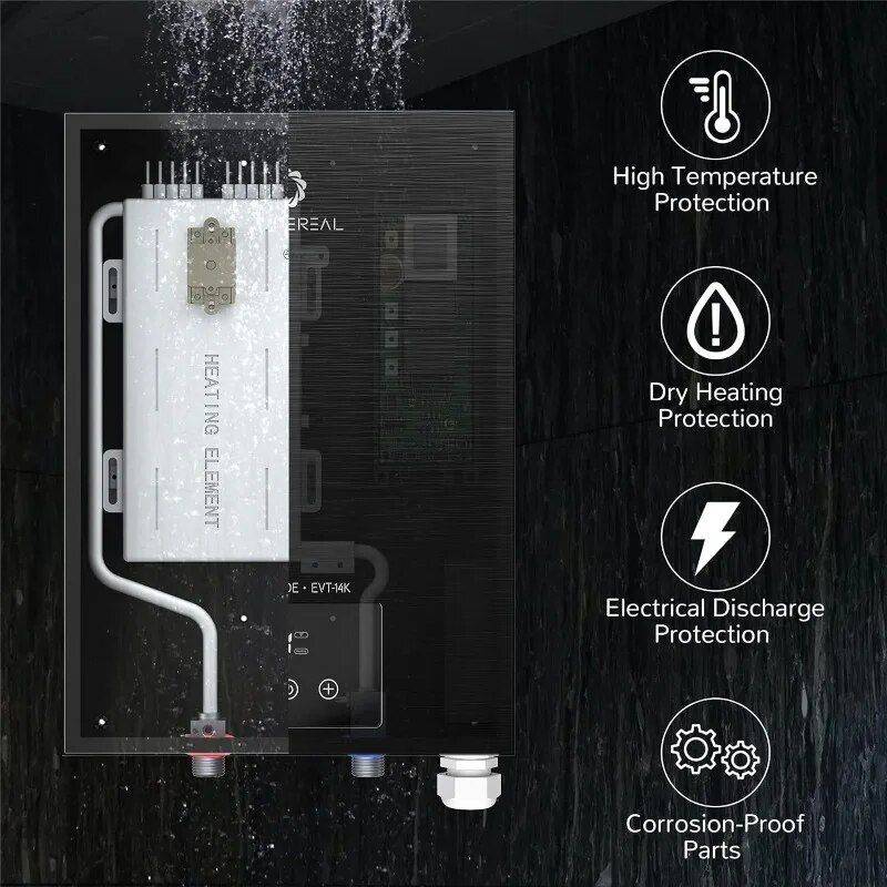 Instant 14kW Electric Tankless Water Heater, 240V - Space-Saving & Energy-Efficient Bathroom Color : Black 