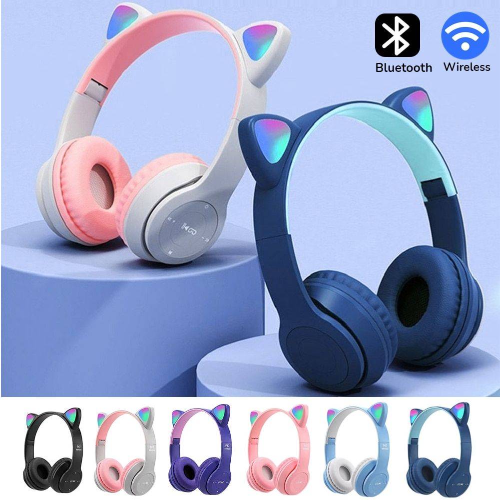 Wireless Cat Ear Bluetooth Headphones with Glowing LED Lights - Over-Ear Gaming & Music Headset for Kids & Adults Gadgets Color : Pink|Blue|Dark Blue|Black|Grey|Purple 