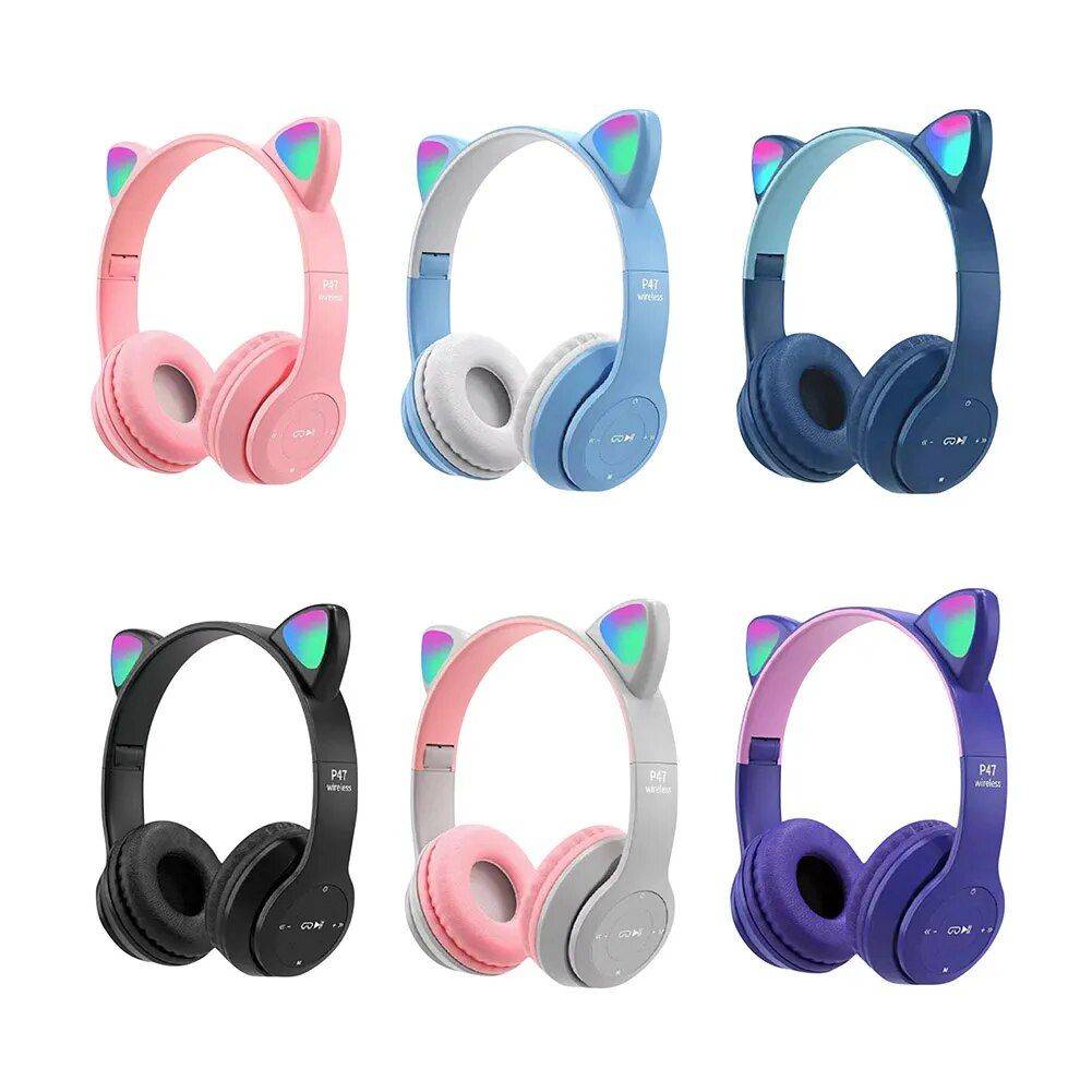 Wireless Cat Ear Bluetooth Headphones with Glowing LED Lights - Over-Ear Gaming & Music Headset for Kids & Adults Gadgets Color : Pink|Blue|Dark Blue|Black|Grey|Purple 