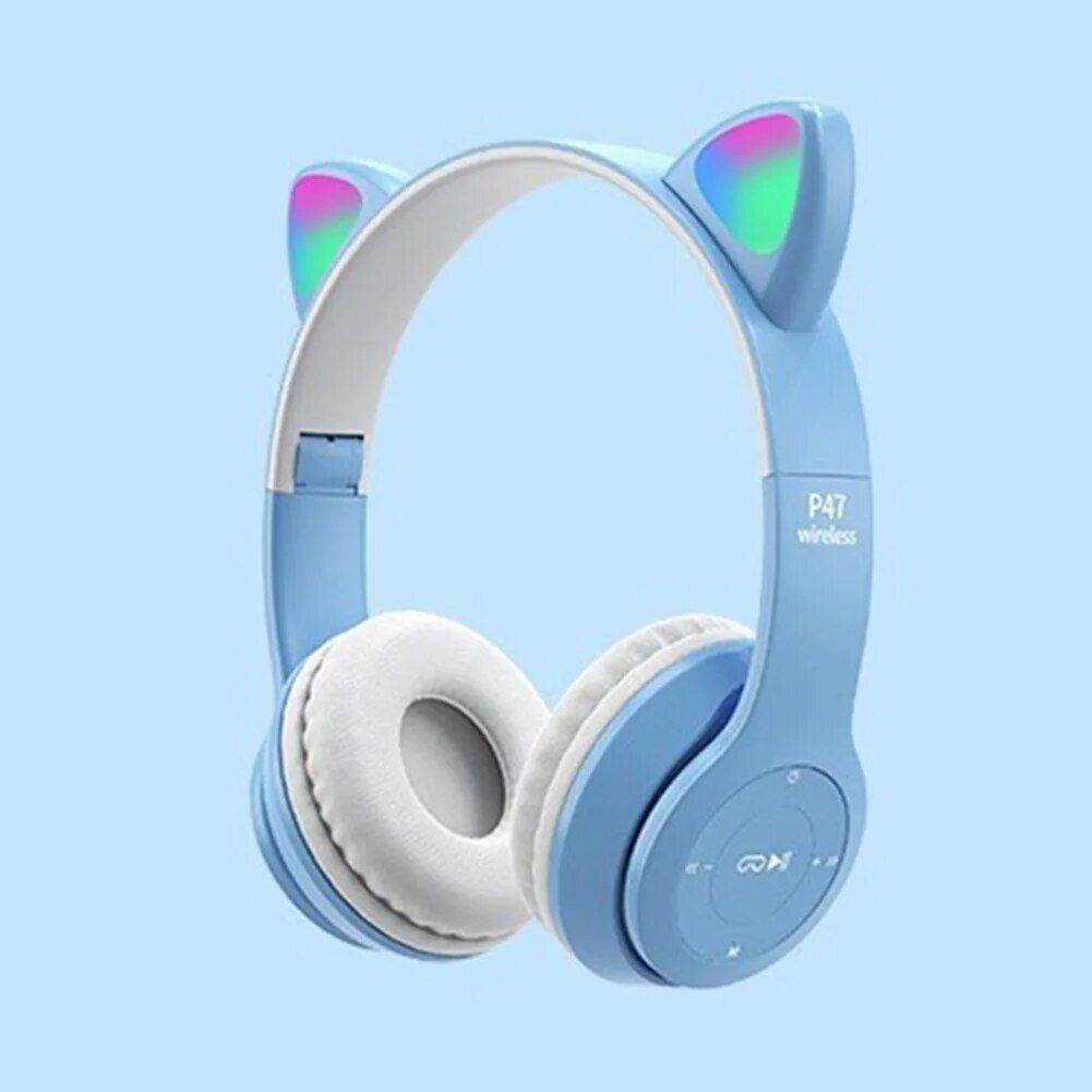 Wireless Cat Ear Bluetooth Headphones with Glowing LED Lights - Over-Ear Gaming & Music Headset for Kids & Adults Gadgets Color: Blue 