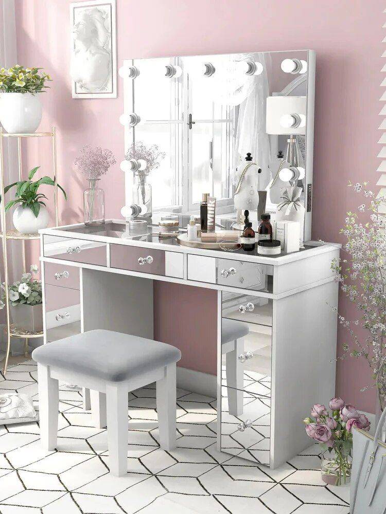 Chic Modern Makeup Vanity Table with LED Mirror and Chair Set Furniture Size : 120x46x77 cm 