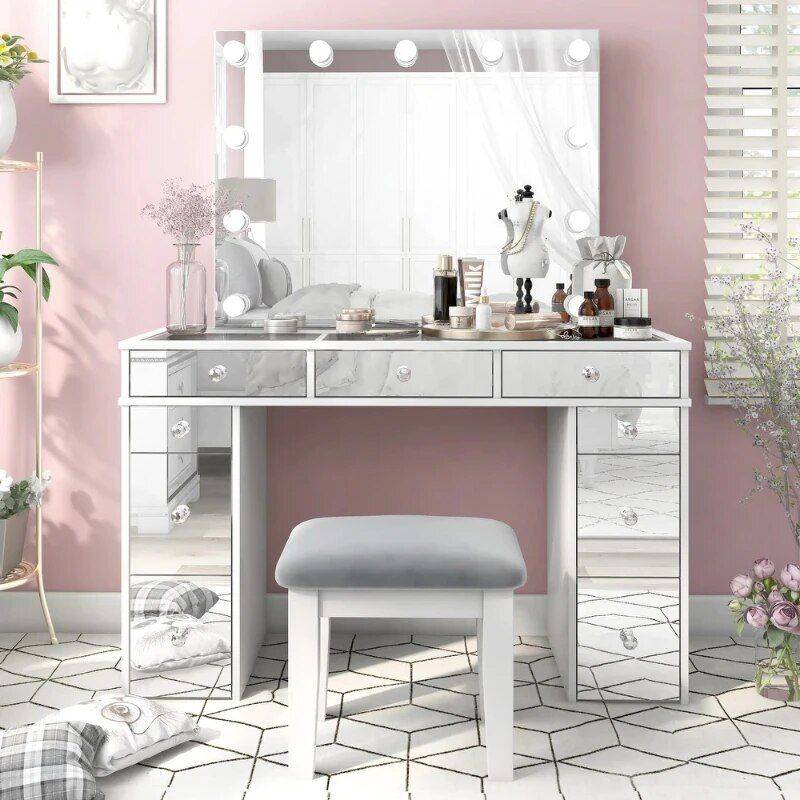 Chic Modern Makeup Vanity Table with LED Mirror and Chair Set Furniture Size : 120x46x77 cm 